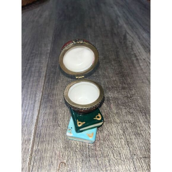 Vintage Porcelain Mini Hinged Trinket Box Apple On Books Teacher 2.25” - Picture 2 of 5